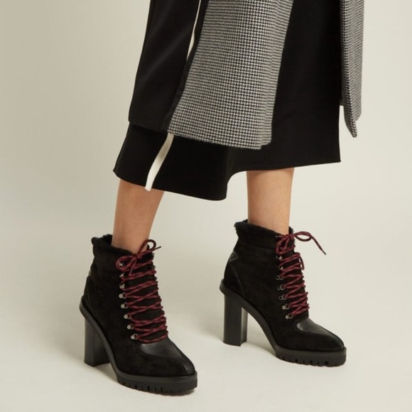 VALENTINO GARAVANI Black suede shearling stackedheel lace up booties size 37